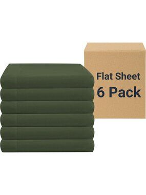 6 Pack Twin Flat Sheets - Oliev Green with Color-Coded Hem Threads, Soft